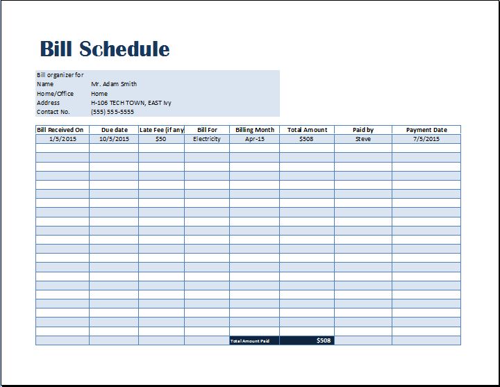 Bill Payment Schedule Template Word Excel Templates