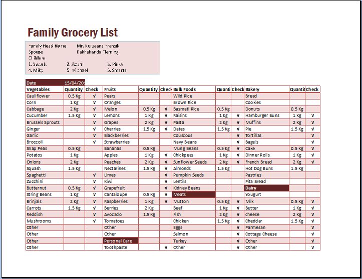 Family Grocery List Excel Format Template Word Excel Templates