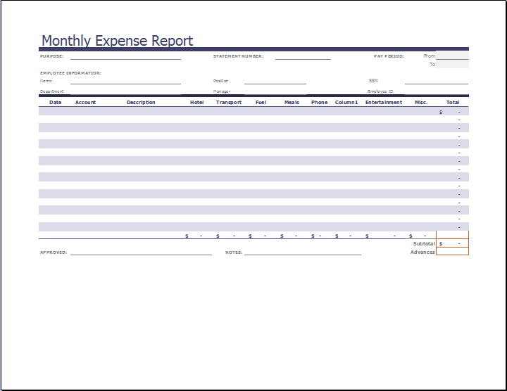 MS Excel Monthly Expense Report Template Word Excel Templates