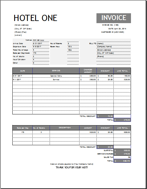 Hotel Invoice Template For EXCEL Word Excel Templates