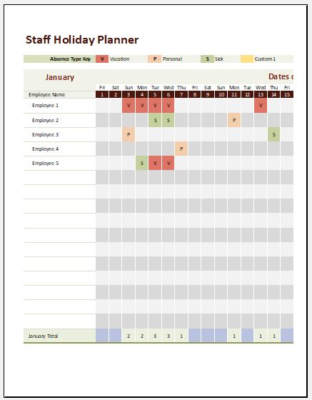 Staff Holiday Planner Template For Excel Word Excel Templates