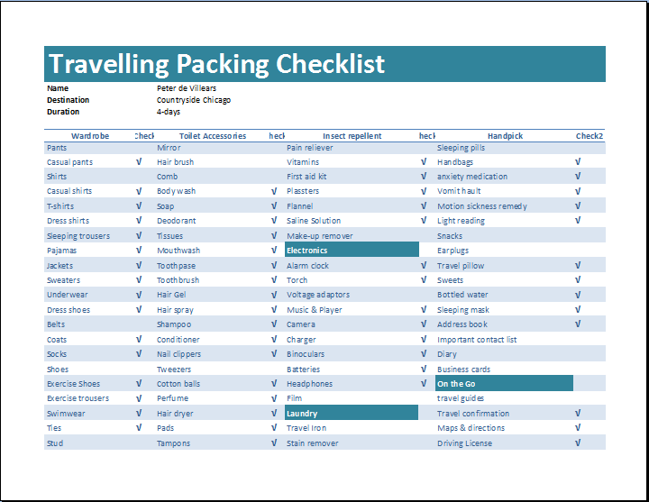 travel checklist editable