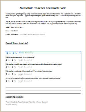 Substitute Teacher Feedback Form Template | Download