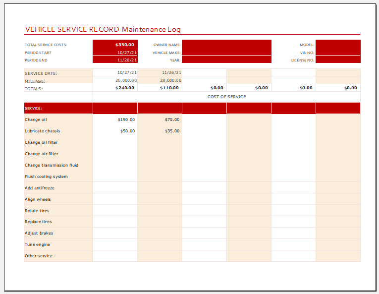 Vehicle Maintenance Log For Excel Excel Templates